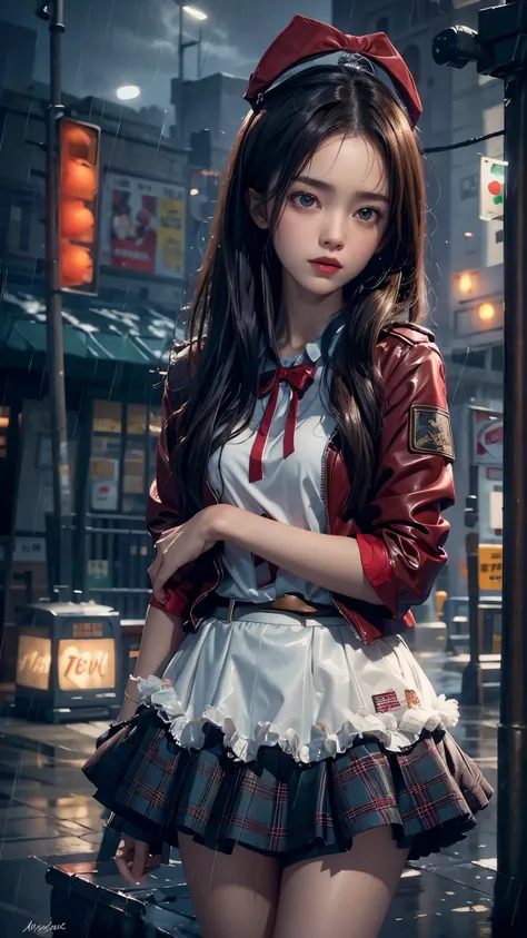 ((8k，masterpiece，best quality，Super detailed，Realistically))，extremely detailed face，Movie Lighting，Ray Tracing，Unlit Hair， Corner store，bus stop，rainstorm、Girl with dark hair and dark eyes，perfect thighs，(Red Fur Trim Hooded Jacket，White top，Red skirt and...