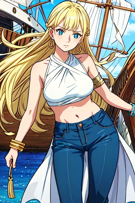 make a 2d character, woman, long hair tied up, blonde, without bangs, blue pupils, with a confident expression and older appearance, with a bracelet on her wrist, earring, with a feminine top, a pair of pants, in a ship, medium tits
