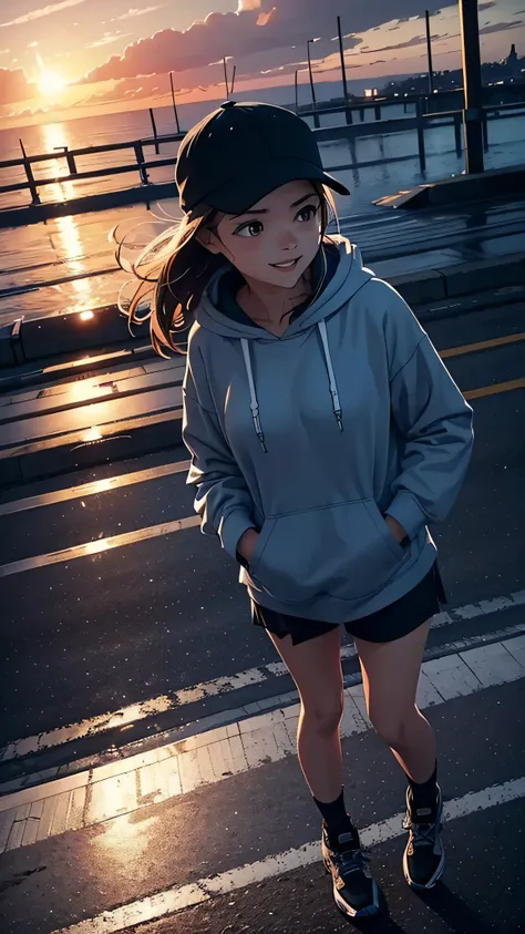 cinematic artwork of a woman walking alone, (she is looking up:1, wearing a hoodie, wearing a sports hat, laughing, hands in the pocket, professional image), cinematic atmosphere, semi-realistic, raining, detailed textures, uhd, reflections, low angle, at ...