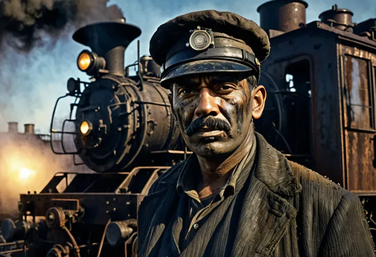 Cinematic Portrait render of gritty Steam Locomotive, dark tones with dramatic light and shadow, front view of Steam Locomotive worker in filthy oil-stained clothing, face creased with strain and grime from back-breaking labor, photorealism, 1910s industri...