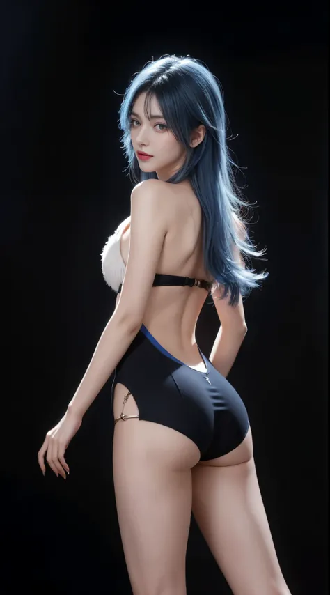 8K, Top Quality, Intricate Details, Ultra Detail, Ultra High Resolution, Masterpiece, close up shot, shot from behind, (Looking back), standing, Slender, Smile, blue  hair, (Makeup: 0.4), (Fluffy red Eyes: 1.21), red eyes, 1girl, solo, 1 girl, (( full body...