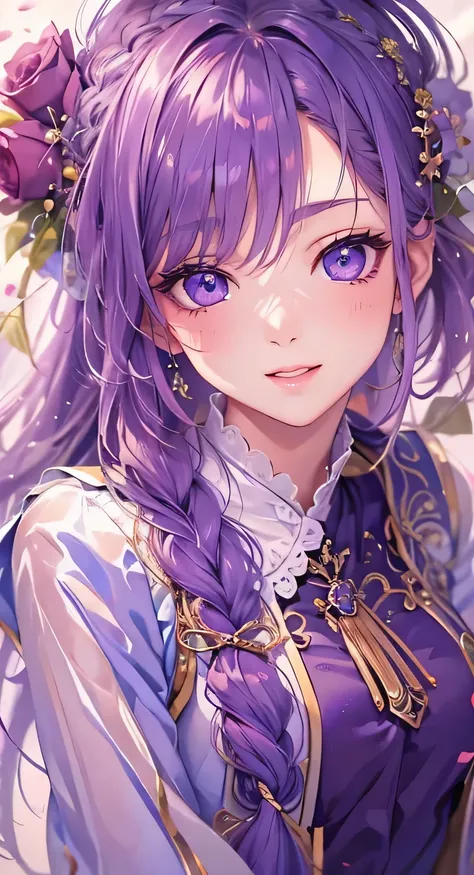 ((highest quality)), ((masterpiece)), (Get used to it), Perfect Face , masterpiece、highest quality、High resolution、High-quality images、8k, 1 female、Skin Radiance、Texture of skin and clothing、Expression of fine eyes、shining purple hair,Girl with long braide...