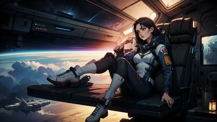 Image of a female captain on a bridge on a spaceship, science fiction image, spacecraft sails between planets on a mission of discovery and mediation between peoples, artificial lighting, cinematic framing, high quality, high definition, intricate details