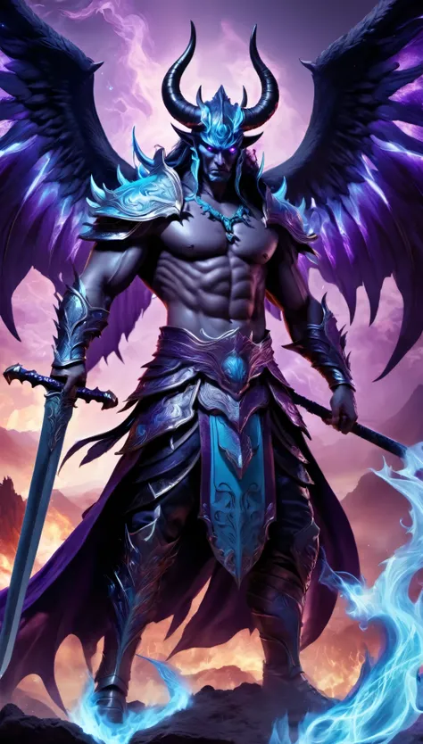 Best quality at its best，super-excellent，realistically：1.37，Chinese mythology，Asuras，Demon King，terrible death，light blue skin，dark sharp eyes，sword in hand，horns of goals，Toned muscular body，elegant armor，(Devils wings)，Complex patterns，glowing aura，Surro...