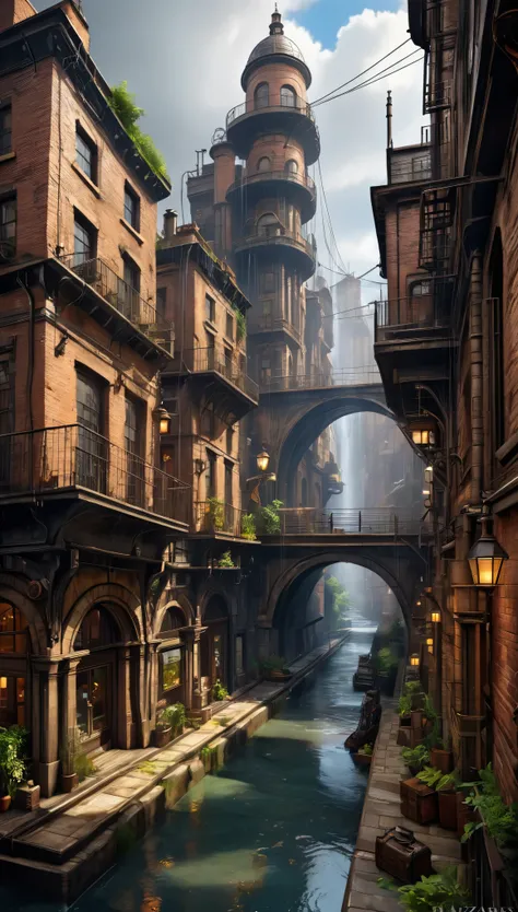 ((Obra maestra)),((mejor calidad)),((alto detalle)),((realista,))
Ciudad de la era industrial, Deep canyons in the middle, architectural streets, bazares, puentes, rainy days, steampunk, arquitectura europea