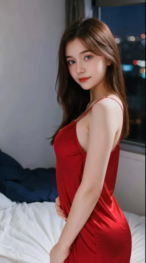 Gorgeus Girl, Beautiful, Baby Face, 20 Years Old, White Skin, Beside, Sexy Pose, red nightgown, Blue Eye, Bokeh, bedroom Background, Masterpiece, asking for a hug, full body Shot, open arms, night city