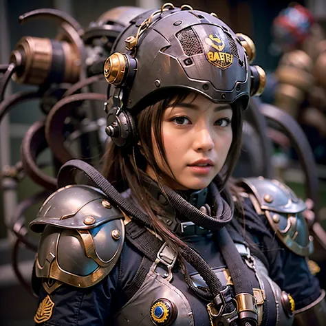 (mechanical armor with reference to a dung beetle), power pipes, hydraulic cylinders, ultimate intricate detail, Japanese female soldier in mechanical armor, very beautiful face, realistic, full body shot, sortie from secret base