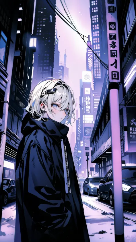 suspenseful movie scene, adolescent with distinctive white hair donned in winter attire, standing amidst a snow-covered city, dusk, stark contrast, darkening skyline, snowfall, high contrast ambiance, fantasy world, dark background, clean design, epic, art...