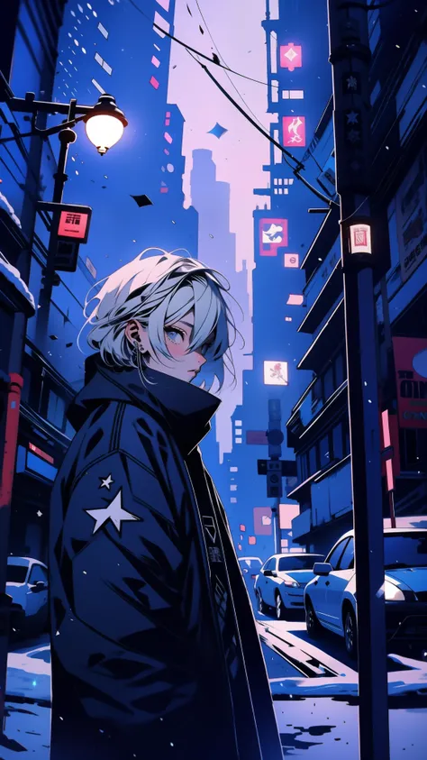 suspenseful movie scene, adolescent with distinctive white hair donned in winter attire, standing amidst a snow-covered city, dusk, stark contrast, darkening skyline, snowfall, high contrast ambiance, fantasy world, dark background, clean design, epic, art...