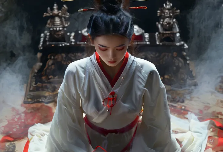 bird eye view. a stunningly beautiful japanese shrine maiden in white top and red bottom posing a prayer emanating a scary black aura of vengful spirit of the samurai behind her，xianxia. 