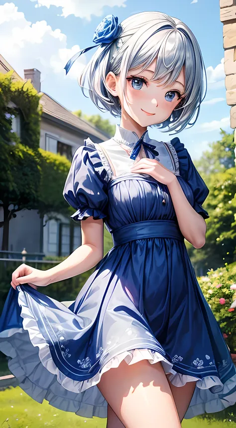 A girl anime in garden, the girl have blue dress and silver short hair, nobles , cute girl, smiling,  Blue floral ribbon, hands pose