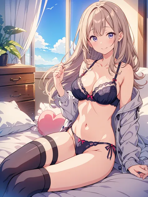 highest quality, One girl, Kusakabe Corona, lingerie, Bra very, button, Black legwear, blush, A kind smile, Bedroom, blue sky