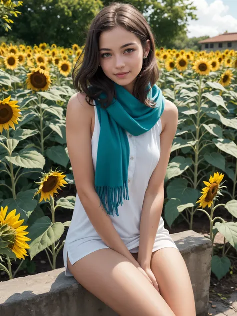 girl sitting at road side, BREAK, 1girl, (thigh:1.2), detailed face, (looking at viewer:1.4), (from below, from side:0.8), detailed skin, 

loose bloomer, (ass:0.8), stripes mini dress, warm scarf, innocent expression, sunflower garden in the background, c...