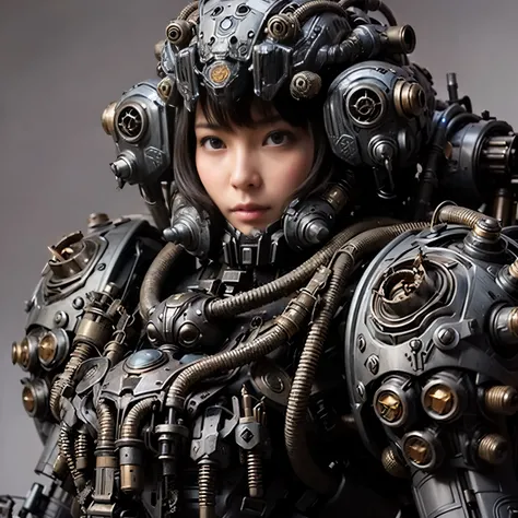 (mechanical armor with reference to a dung beetle), power pipes, hydraulic cylinders, ultimate intricate detail, Japanese female soldier in mechanical armor, very beautiful face, realistic, full body shot, sortie from secret base