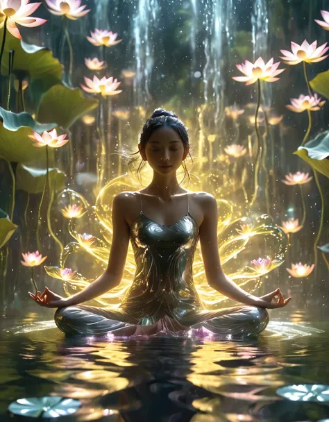 1girl，beautiful，blingbling water，motion blurred，many many many fractal plants，movie-level lighting effects，lotus pose,  on the w...