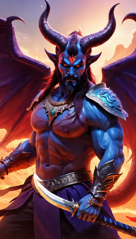 Best quality at its best，super-excellent，really：1.37，Chinese mythology，Asuras，Demon King，Strong-willed person, red horns, terrible death，light blue skin，dark sharp eyes，sword in hand，horns of targets，Toned muscular body，elegant armor，(Devils wings)，Complex...