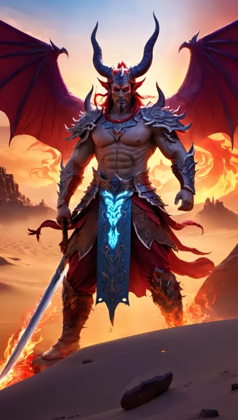 Best quality at its best，super-excellent，really：1.37，Chinese mythology，Asuras，Demon King，Strong-willed person, red horns, terrible death，light blue skin，dark sharp eyes，sword in hand，horns of targets，Toned muscular body，elegant armor，(Devils wings)，Complex...