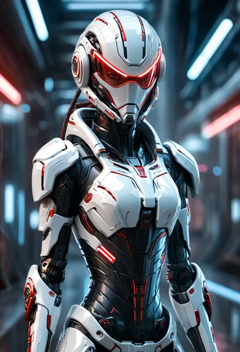 armed female figure in a white sci-fi suit, wearing a cyberpunk style shiny white helmet with red visor robotic features, the re...