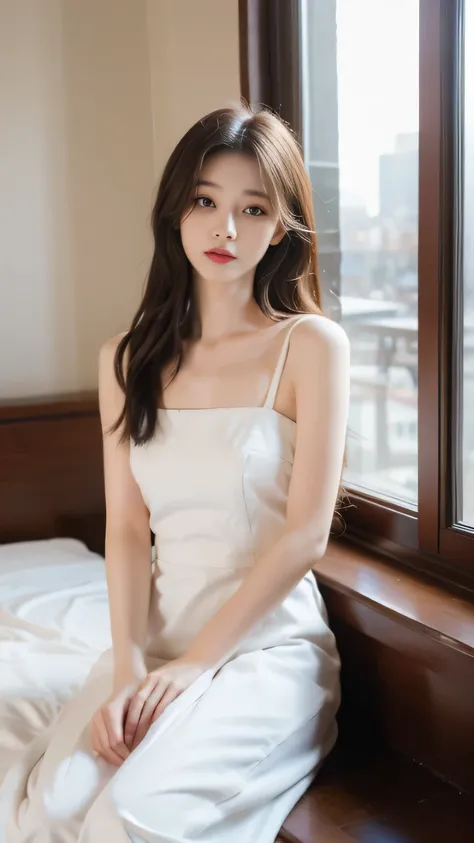 (1 girl:1.2), sleeping on a large bed next to the floor-to-ceiling window, woman wearing smooth modal dress, Complementary colors, Elegant temperament, Elegant intellectual feeling, High image quality, Long hair, Delicate skin and cloth textures, Delicatee...