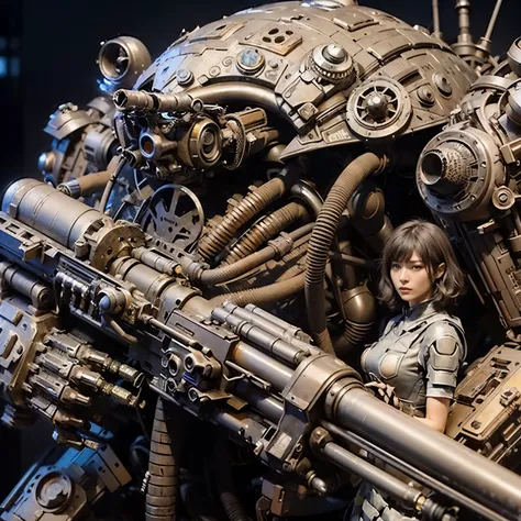 (mechanical armor with reference to a dung beetle), power pipes, hydraulic cylinders, ultimate intricate detail, Japanese female soldier in mechanical armor, very beautiful face, realistic, full body shot, sortie from secret base