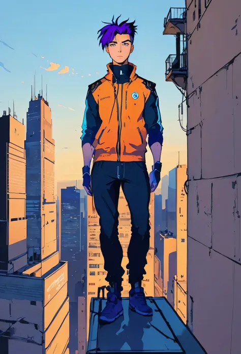 long shot, ((art, anime full body detailed: 1.6)), ((a man standing on the roof:1.7)),((of a tall building young boy anime style...