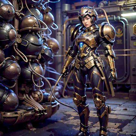 (mechanical armor with reference to a dung beetle), power pipes, hydraulic cylinders, ultimate intricate detail, Japanese female soldier in mechanical armor, very beautiful face, realistic, full body shot, sortie from secret base