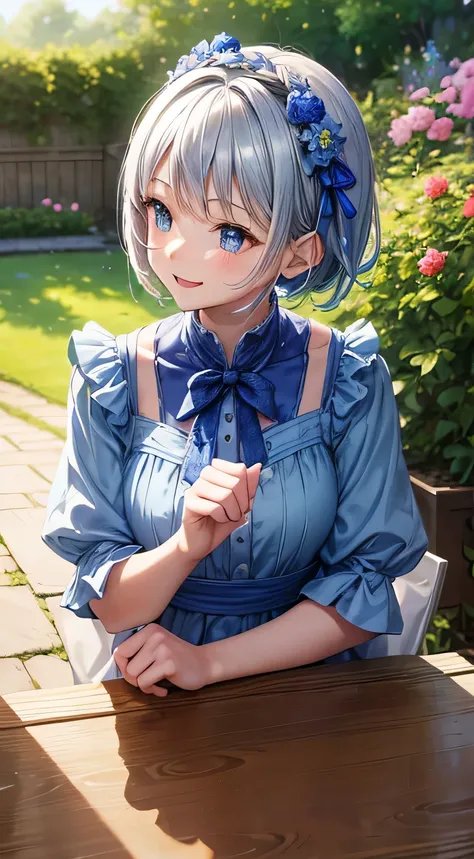 A girl anime in garden, the girl have blue dress and silver short hair, nobles , cute girl, smiling,  Blue floral ribbon, hands pose