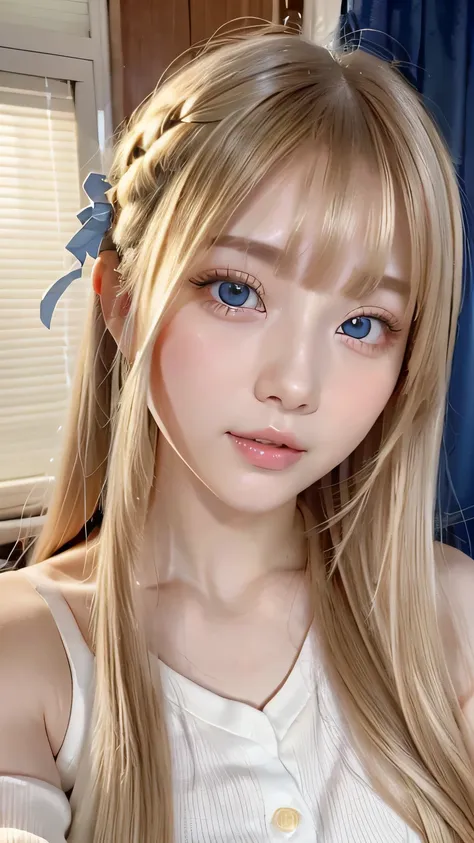 Very beautiful shiny pretty face、Beautiful shiny white skin、Glowing cheek highlight、Beautiful cute sexy pale blue eyes、hair over eyes、hair over one eye、hair between eyes、Big double eyelid eyes、Beautiful very long shiny silky pale blonde straight hair、Sexy ...