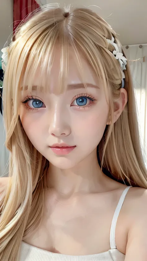 Very beautiful shiny pretty face、Beautiful shiny white skin、Glowing cheek highlight、Beautiful cute sexy pale blue eyes、hair over eyes、hair over one eye、hair between eyes、Big double eyelid eyes、Beautiful very long shiny silky pale blonde straight hair、Sexy ...