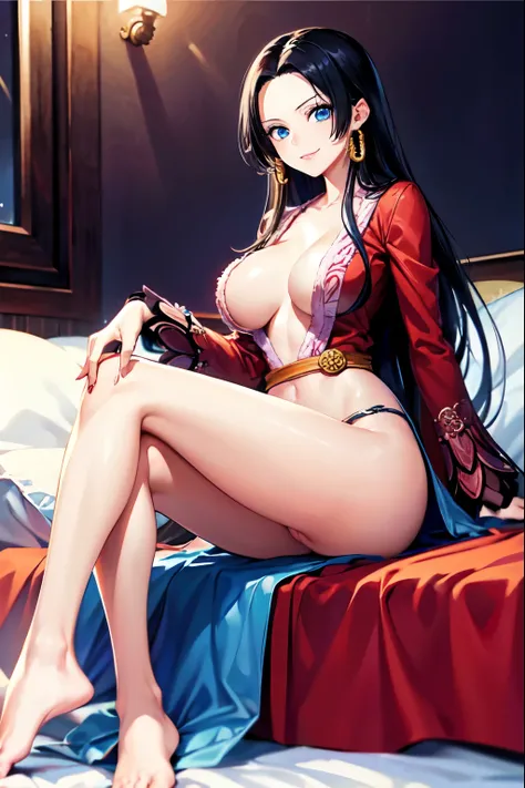 Boa Hancock, onepiece, blue eyes, long hair,masterpiece, best quality, perfect anatomy, beautiful background, beautiful face, beautiful eyes, full body, 1girl, solo, smiling, sexy, large breasts, black hair, lying down on bed,wide hip, legs crossed, close ...