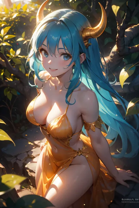 Style-SylvaMagic, award winning character concept art of a beautiful dryad sitting against a citrus tree, in a beautiful orange citrus grove, citrus fruit in trees, amazing body, smiling, happy, laughing, jubilant, light blue hair, golden horns, beautiful ...