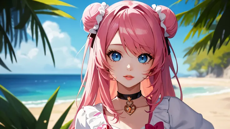 high quality,premium quality,Accurate, cute,girl, Blue eyes, moist lips, black Double bun, Right Hand on Hip, cute lolita dress, loafers, Choker necklace, cloudy beach, High angle,sunlight,Angle of View,Anime girl with pink hair and a ribbon in her hair, C...