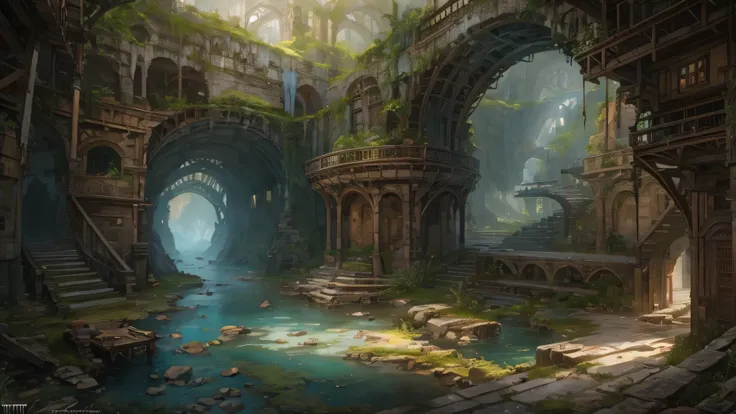 (by Greg Rutkowski: 1.2), (masterpiece), ((best quality)), extremely delicate and beautiful, illustration, (fantasy landscape), A mesmerizing fantasy with enchanting elements blending seamlessly. ((abandoned mineshaft, tunnel, from final fantasy x)), A sen...