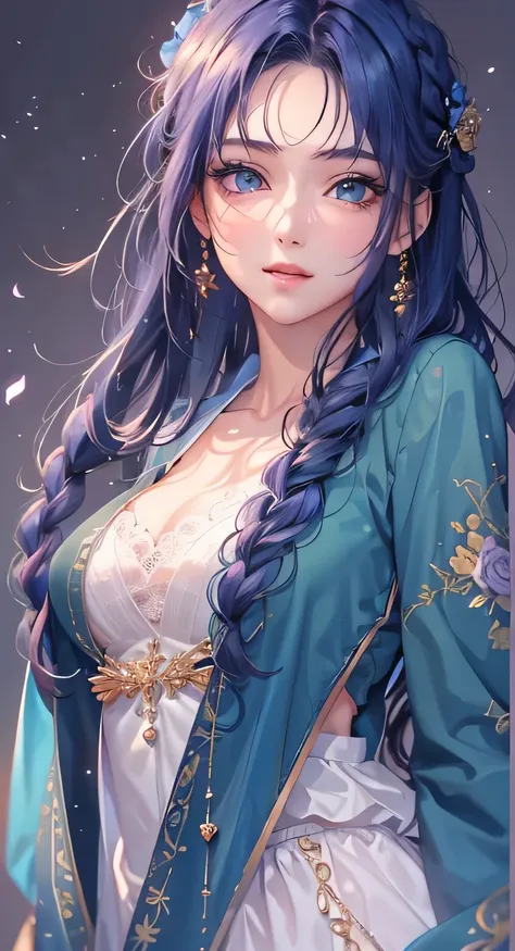 ((highest quality)), ((masterpiece)), (Get used to it), Perfect Face , masterpiece、highest quality、High resolution、High-quality images、8k, 1 female、Skin Radiance、Texture of skin and clothing、Expression of fine eyes、Shiny dark blue hair,Girl with long braid...