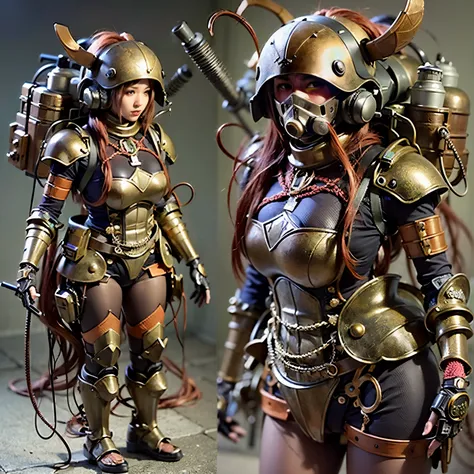 (mechanical armor with reference to a dung beetle), power pipes, hydraulic cylinders, ultimate intricate detail, Japanese female soldier in mechanical armor, very beautiful face, realistic, full body shot, sortie from secret base, steampunk