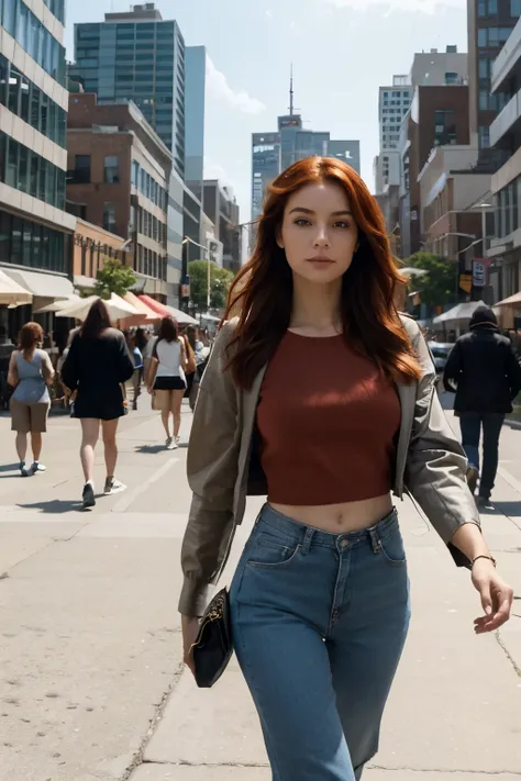 Imagine a vibrant scene set in the bustling streets of Toronto, where a 25-year-old woman with striking vibrant red hair, a slim physique, and pale skin takes a leisurely stroll. The cityscape around her is alive with activity - pedestrians bustling by, ca...