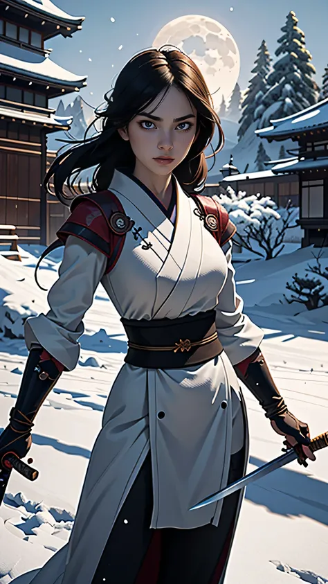 masterpiece, highest quality, (Highly detailed CG Unity 8k wallpaper), (highest quality), (Best illustrations), (Best Shadow),female swordsman, 28 years old, Japanese sword, Stance,moonlight, snow, chaos, 