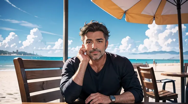 Handsome middle-aged man relaxing at a seaside cafe