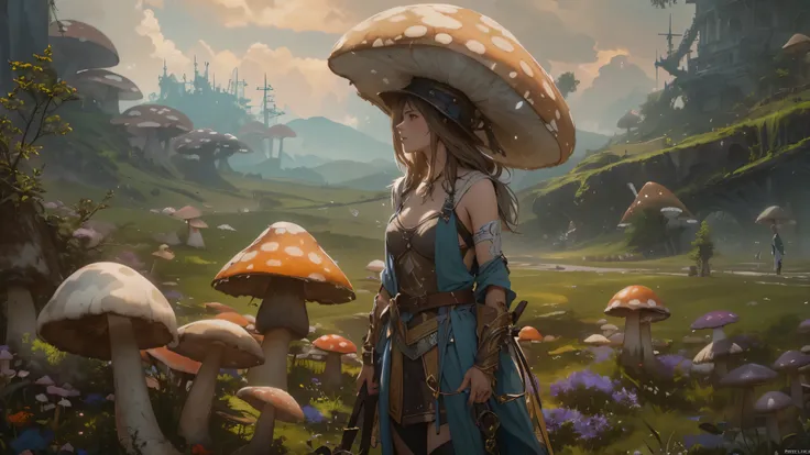 (by Greg Rutkowski: 1.2), (masterpiece), ((best quality)), extremely delicate and beautiful, illustration, (fantasy landscape), A mesmerizing fantasy with enchanting elements blending seamlessly. ((a woman with hat, standing in a field of giant mushrooms,,...