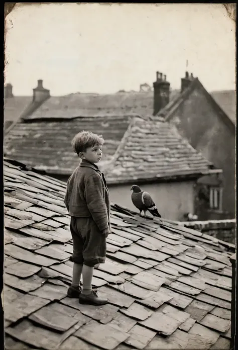 An old photograph from the 1930s, taken with a Zeiss Ikon Ikonta 520/2 camera, published by the Museum of Historical Photography in 1930. (a 10-year-old boy stands on the roof of a house and looks into the distance and holds a pigeon in his hands), film ty...