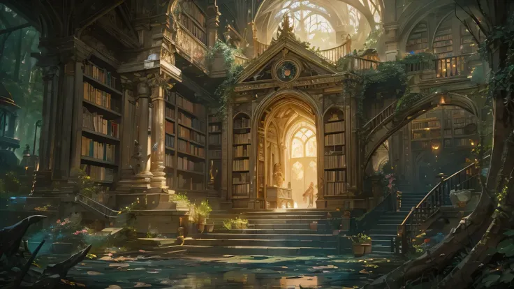 (by Greg Rutkowski: 1.2), (masterpiece), ((best quality)), extremely delicate and beautiful, illustration, (fantasy landscape), A mesmerizing fantasy with enchanting elements blending seamlessly. ((Enchanted Magical Library, in the middle of the forest, La...