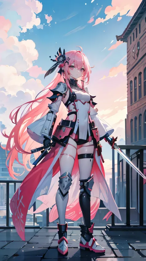 Coral pink hair，Long hair，hair over one eye，Gray eyes，feather hair ornament，cute，Girl，Mechanical Armor，Fantasy style，High Tech Armor，high tech，whole body，Standing on the ground，Samurai sword in hand，No fingers exposed，The background is the city，Blue sky an...