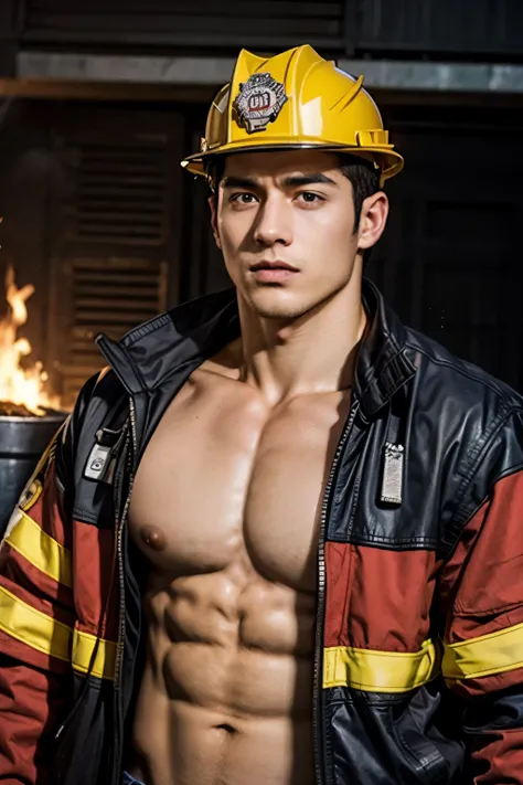 arafed man with a firefighters helmet and a jacket, mid-shot of a hunky, shirtless, fiery, the super hot and sexy, fire behind him, of a shirtless, firefighter, the extremely hot and sexy, fire lit, fireman, looking hot, intense smoldering, attractive and ...