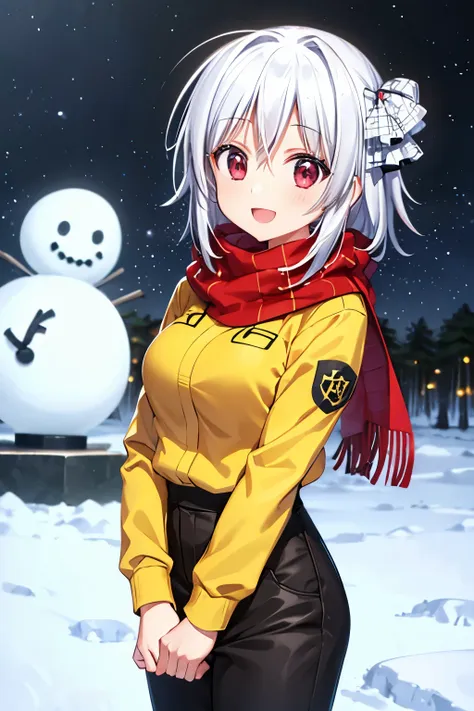 young girl, wearing one red scarf, yellow jacket, black pants, smiling, snow mans behind, in the snow, forest, nightfall, detail...