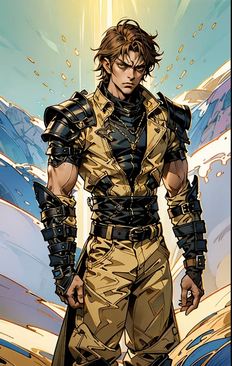 A man with short sandy brown hair, long side-parted bangs, a melancholic gaze, a troubled expression, pale skin, a fantasy-style gray trench coat with a large collar, under which lies leather chest armor, a black belt, worn-out yellowish shoulder pads and ...