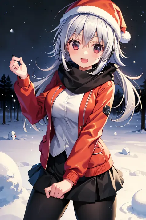 young girl, wearing one red scarf, yellow jacket, black pants, smiling, snow mans behind, in the snow, forest, nightfall, detail...