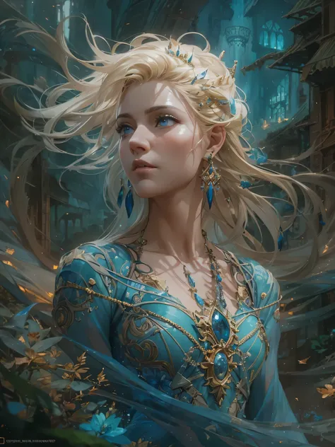 (by Greg Rutkowski: 1.2), (masterpiece), ((best quality)), extremely delicate and beautiful, illustration, (fantasy landscape), A mesmerizing fantasy with enchanting elements blending seamlessly. ((Beautiful bust of a royal lady, Sophisticated blonde hairs...