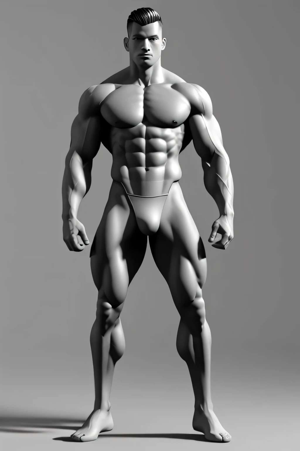 full body  "A" pose character Muscular man with specific parts of body and muscles, IN front view, suits to model a 3D, grayscale color and shading