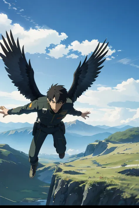 In this captivating anime screencap by the renowned artist Makoto Shinkai, an adolescent boy character soars spectacularly above a vast expanse of lush green grassland. Dressed in the iconic black wings griffin outfit, his khaki and black attire is accentu...