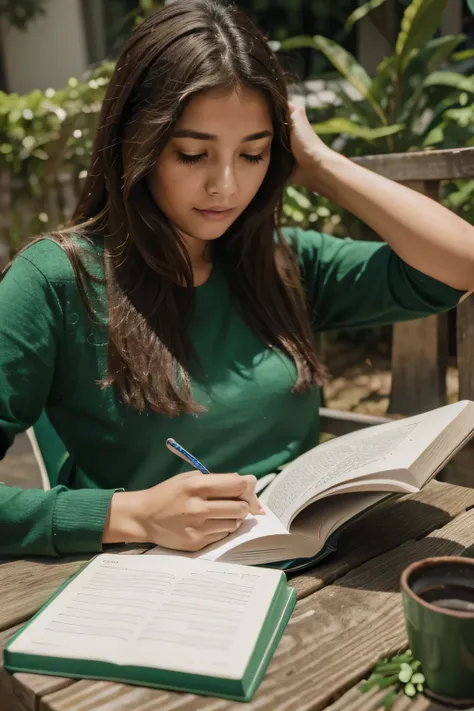 uma pessoa anotando em um caderno verde em uma cardeira de escola e sozinho e com fone e um homen